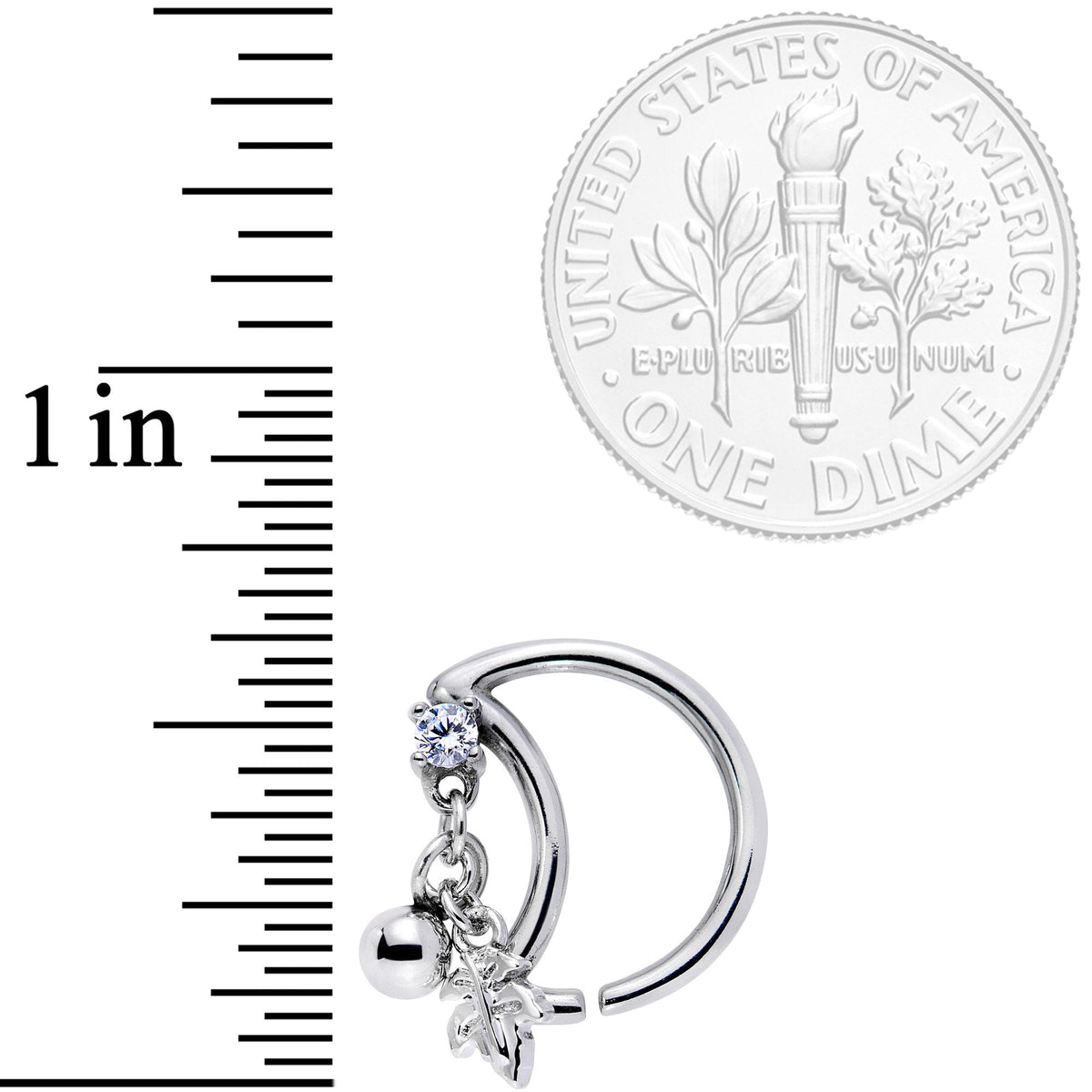 16G 3/8 Clear CZ Gem Crescent Moon Leaf Dangle Closure Ring