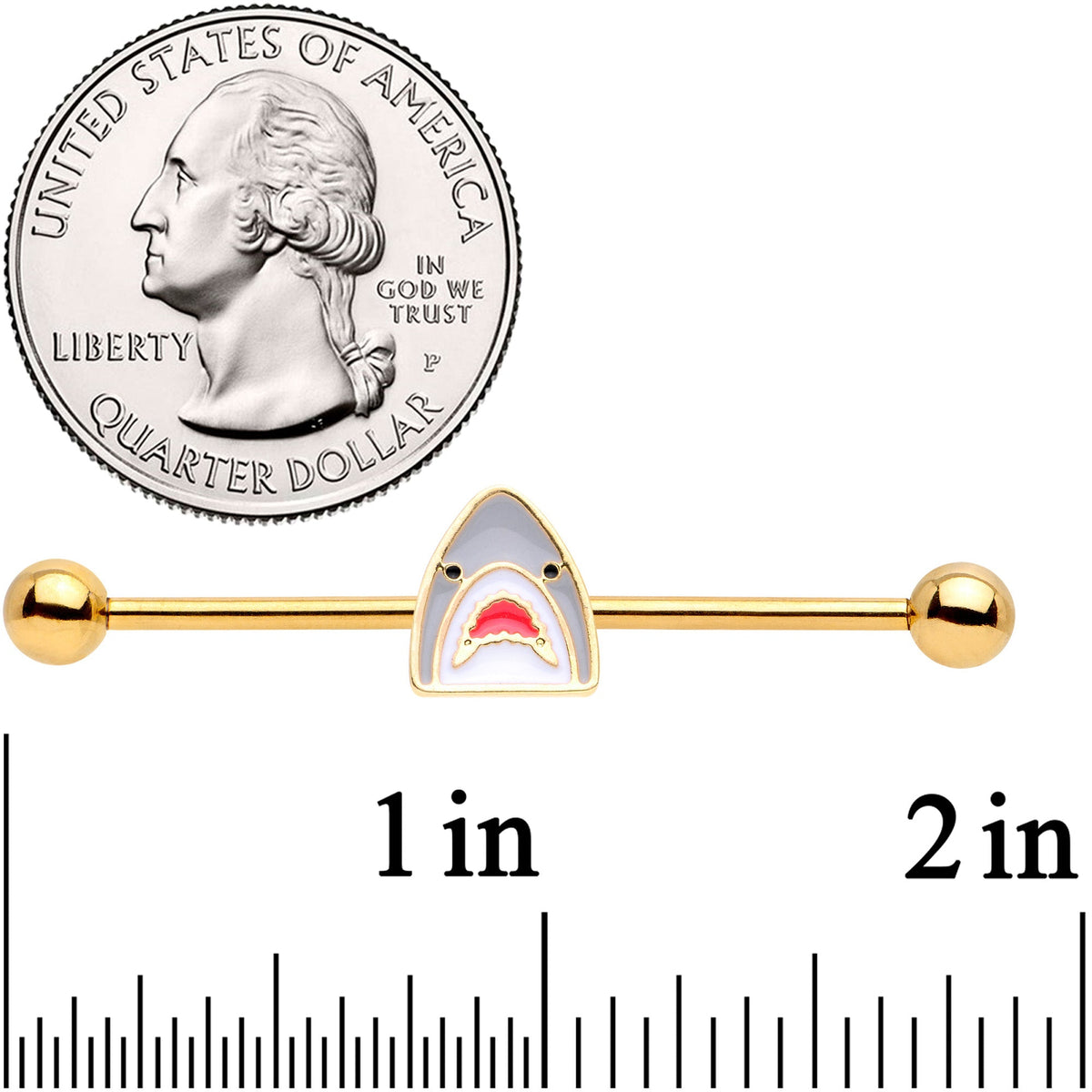 14G Gold Tone Shark Attack Industrial Barbell 38mm
