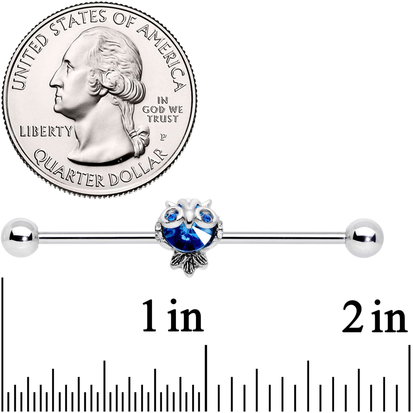 14G Clear Blue Gem Wide Eyed Owl Industrial Barbell 38mm