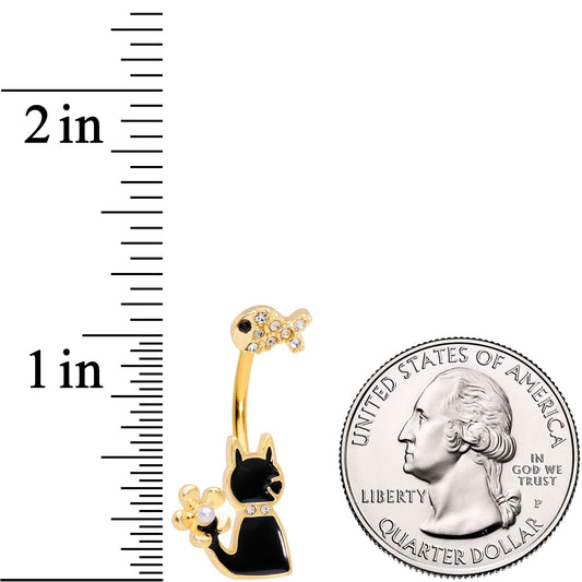 Clear Gem Gold Tone Cat Fishing Black Cat Double Mount Belly Ring