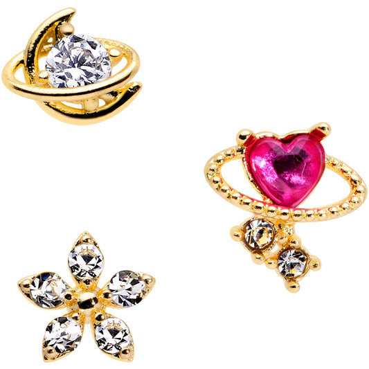 16G 1/4 Clear CZ Gem Gold Tone Moon Cartilage Tragus Set of 3