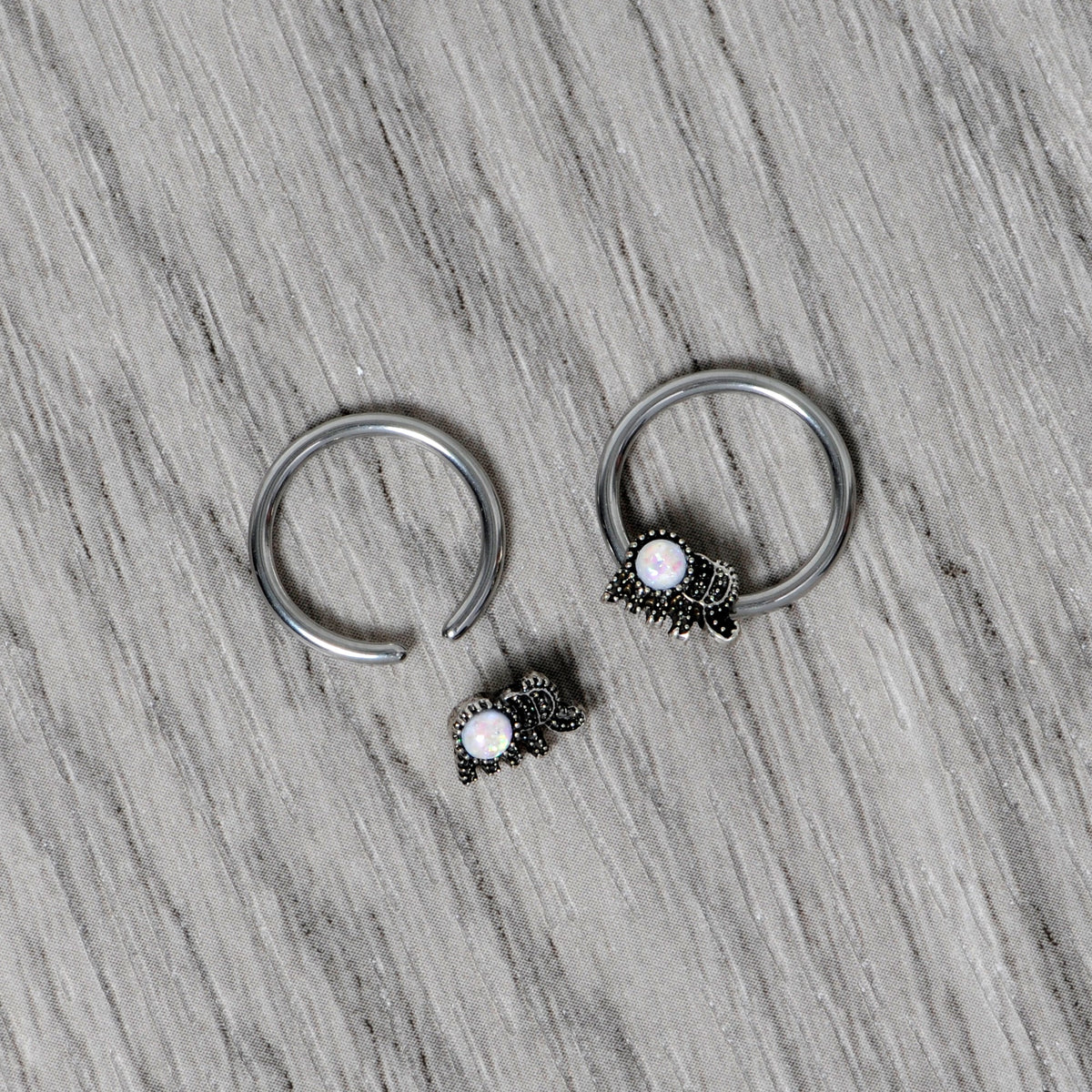 14G 1/2 White Faux Opal Elephant BCR Captive Nipple Ring Set