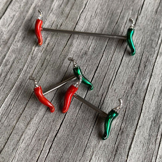 14G 5/8 Clear Gem Red Green Pepper Barbell Nipple Ring Set