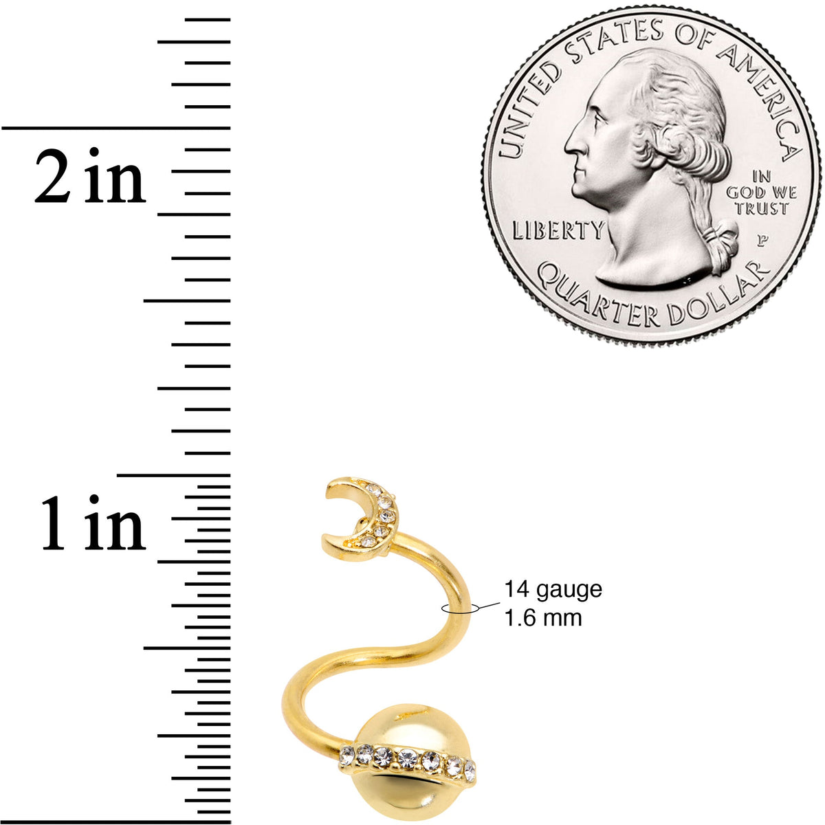 14G 1/2 Clear Gem Gold Tone Saturn Moon Spiral Twister Belly Ring