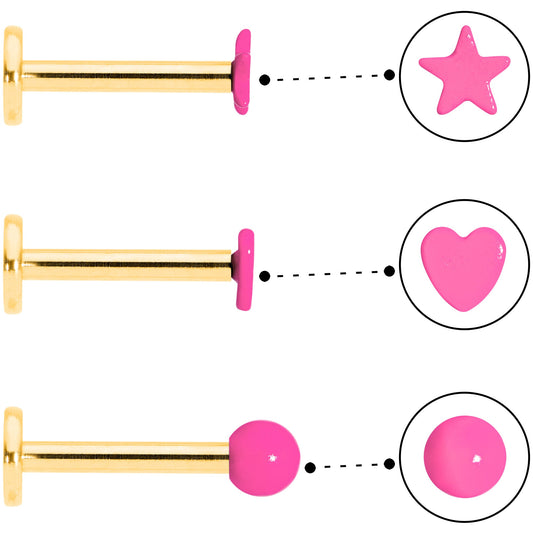 16G 5/16 Gold Tone Pink Glow Star Heart Labret Set of 3