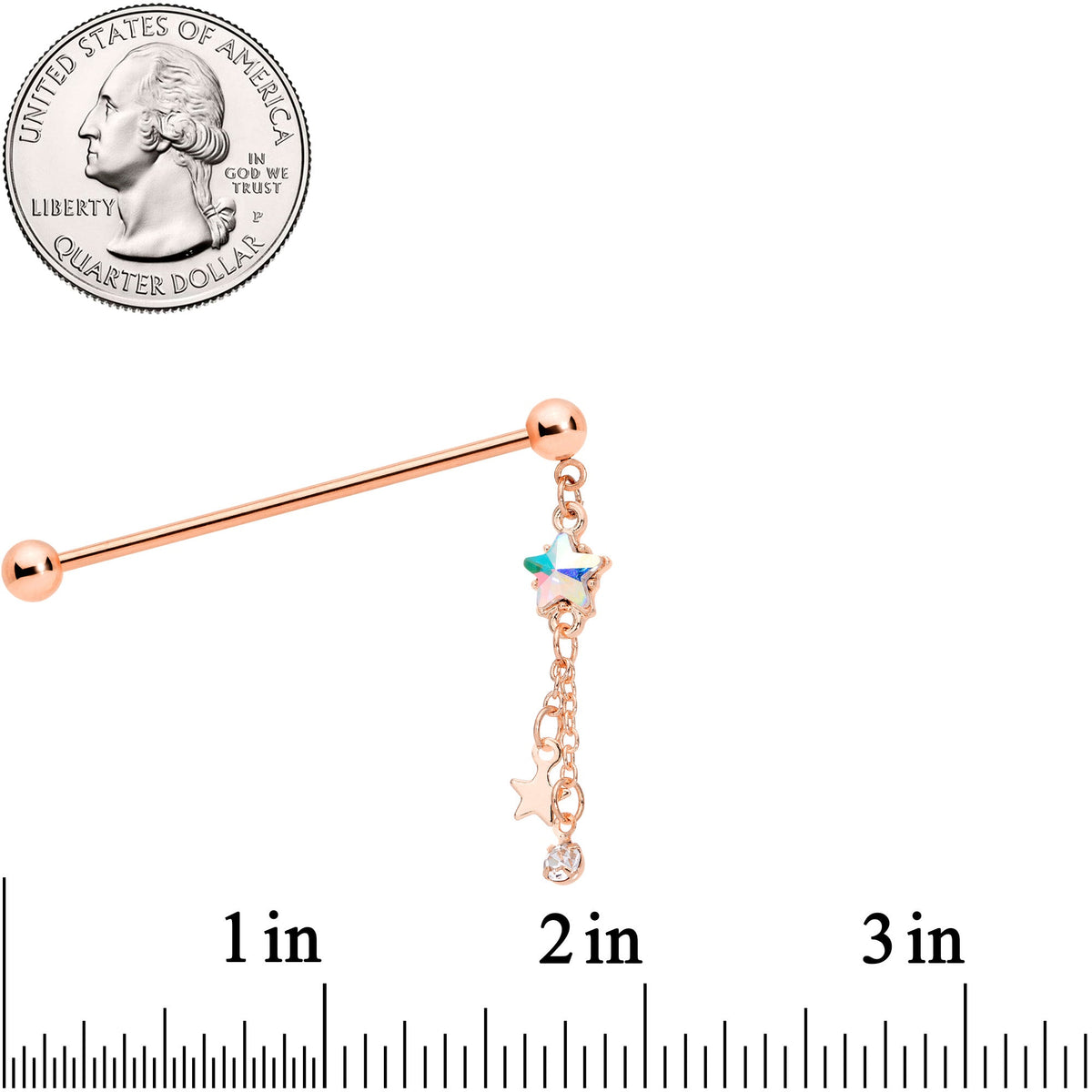 14G Aurora Gem Rose Gold Tone Star Dangle Industrial Barbell 38mm