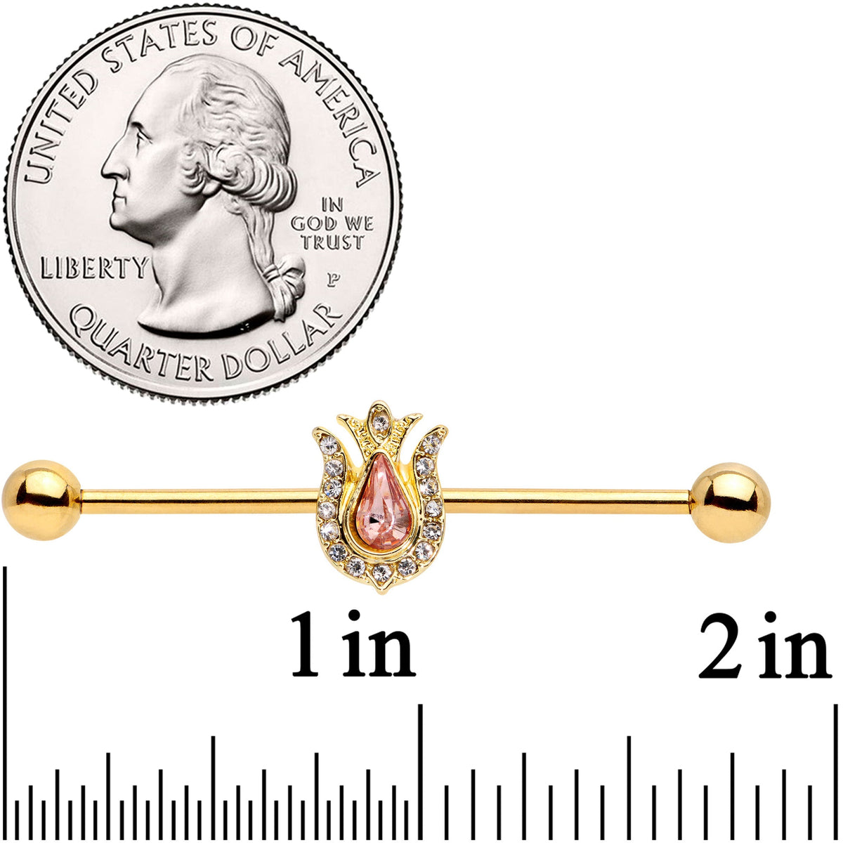 14G Pink Clear Gem Gold Tone Tulip Flower Industrial Barbell 38mm