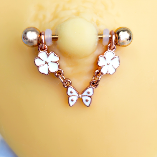 14G 5/8 Gold Tone White Flower Butterfly Dangle Nipple Ring Set
