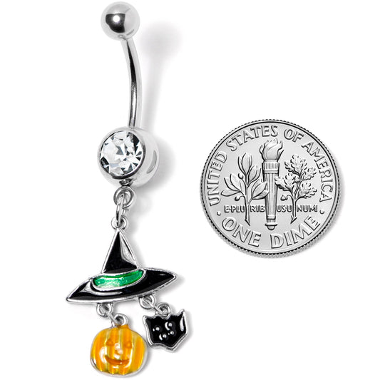 Clear Gem Witch Hat Bat Orange Pumpkin Halloween Dangle Belly Ring