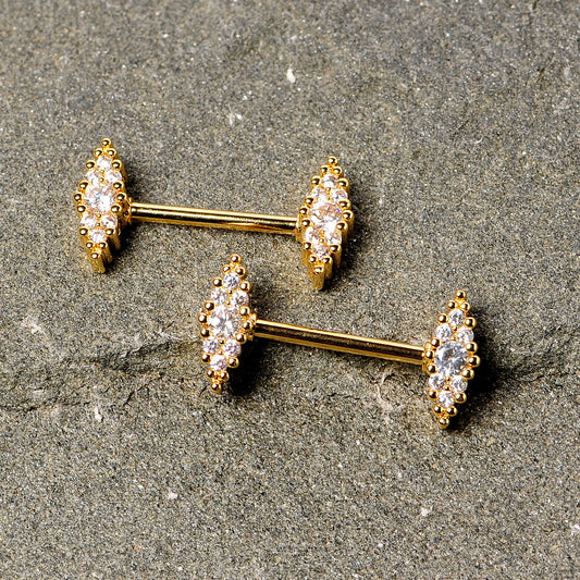 14G 9/16 Clear CZ Gem Gold Tone Texture Barbell Nipple Ring Set