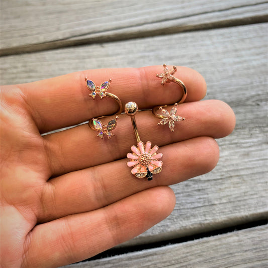 14G 3/8 Aurora Gem Rose Gold Tone Butterfly Spiral Twister Ring
