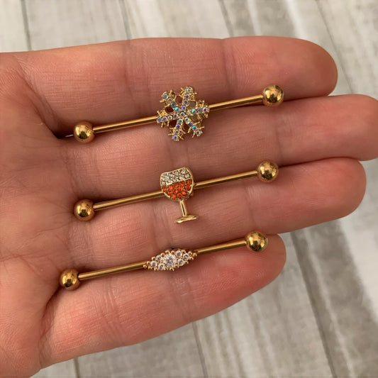14G Clear CZ Gem Gold Tone Texture Industrial Barbell 38mm
