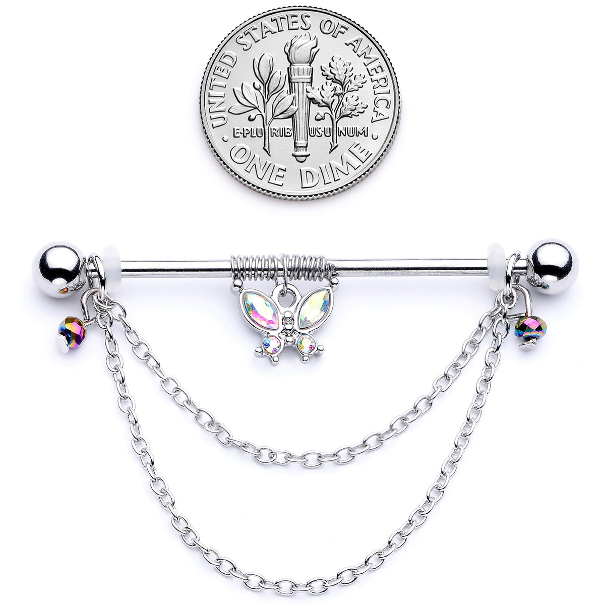 14G Aurora Gem Butterfly Chain Dangle Project Bar 38mm