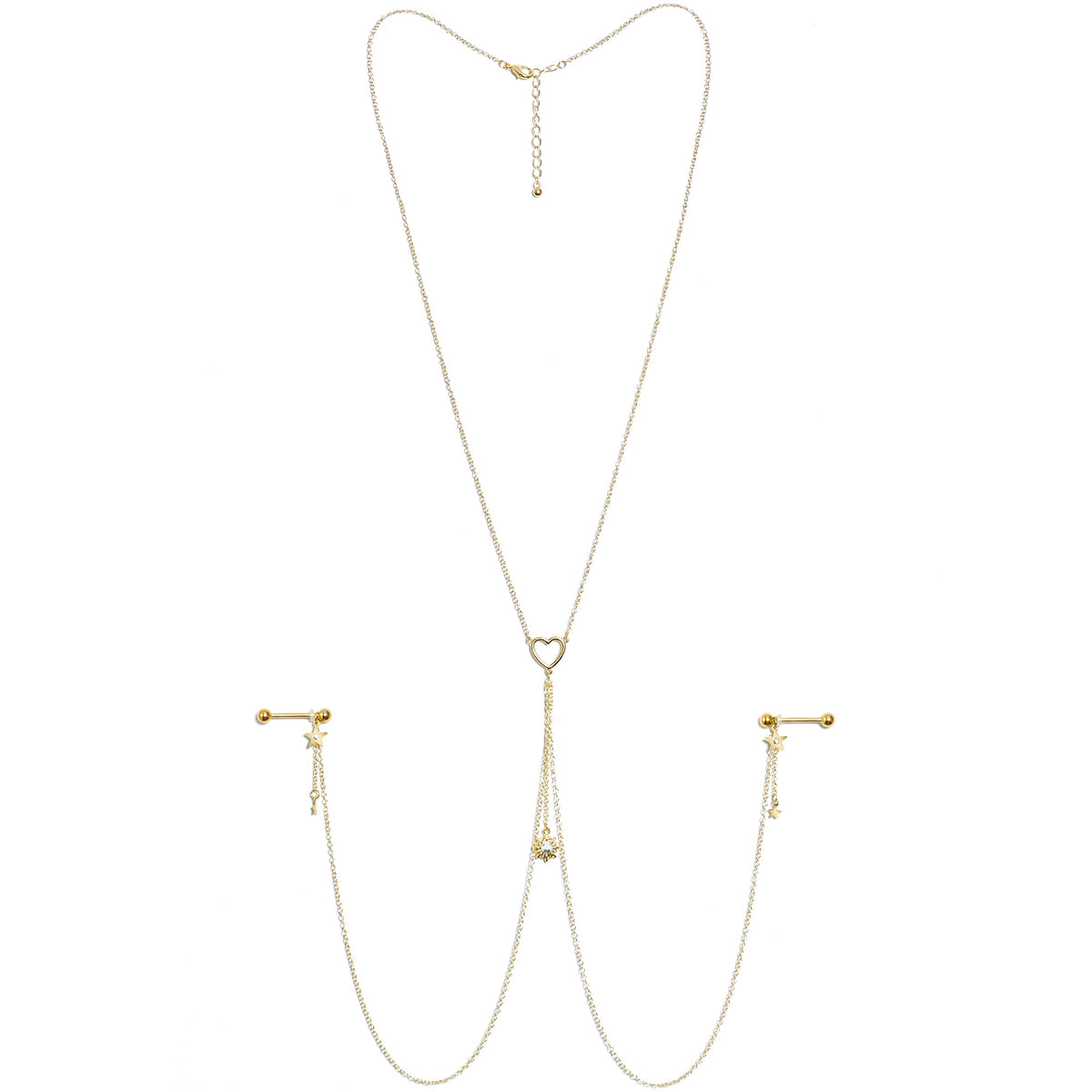 14G 5/8 Clear Gem Gold Tone Sun Heart Star Nipple Chain Necklace