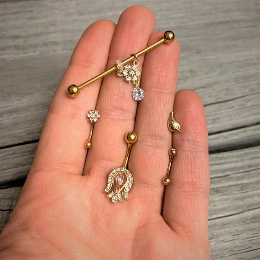 Pink Gem Gold Tone Plated Tulip Flower Belly Ring