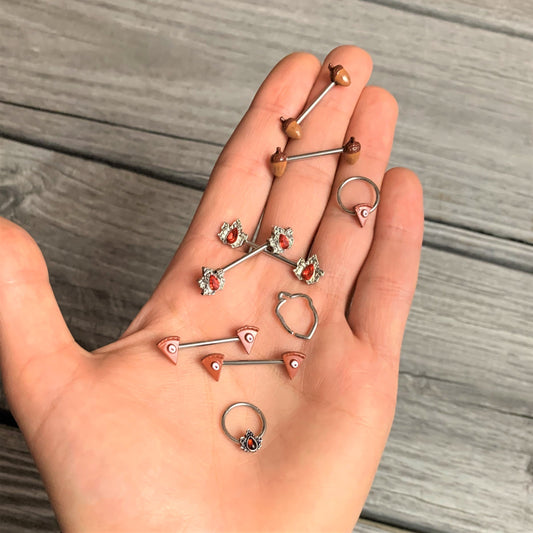 14G 5/8 Brown Autumn Acorn Barbell Nipple Ring Set