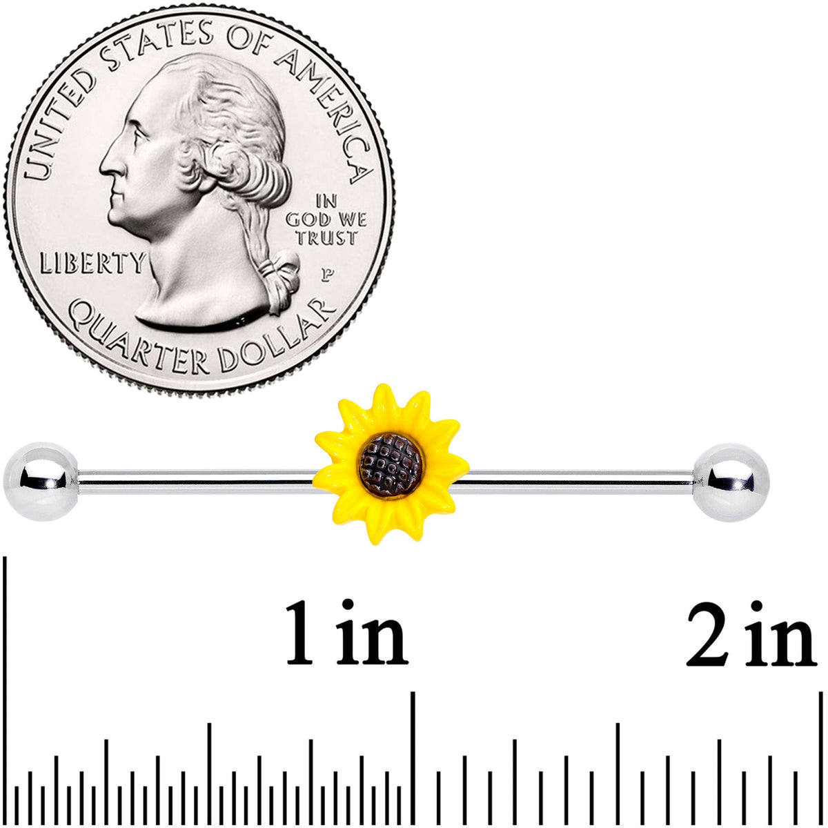14G Yellow UV Glow Sunflower Industrial Barbell Set of 2 38mm