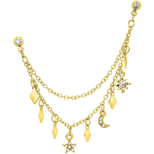 16G 1/4 Gold Tone Moon Sun Dangle Cartilage Chain Earring