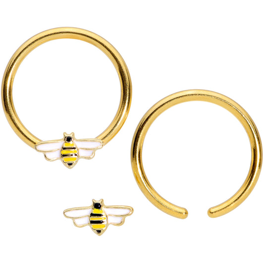 14G 9/16 Gold Tone Black White Bee BCR Captive Nipple Ring Set