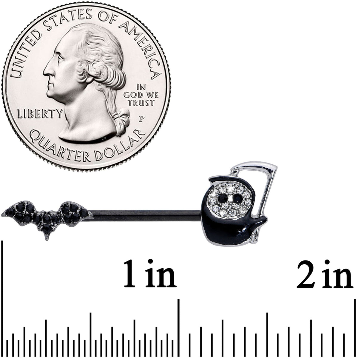 14G 9/16 Clear Black Gem Grim Reaper Bat Barbell Nipple Ring Set