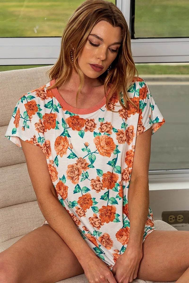 BiBi Rose Print Thermal Neck Binding Dolman Sleeves Top