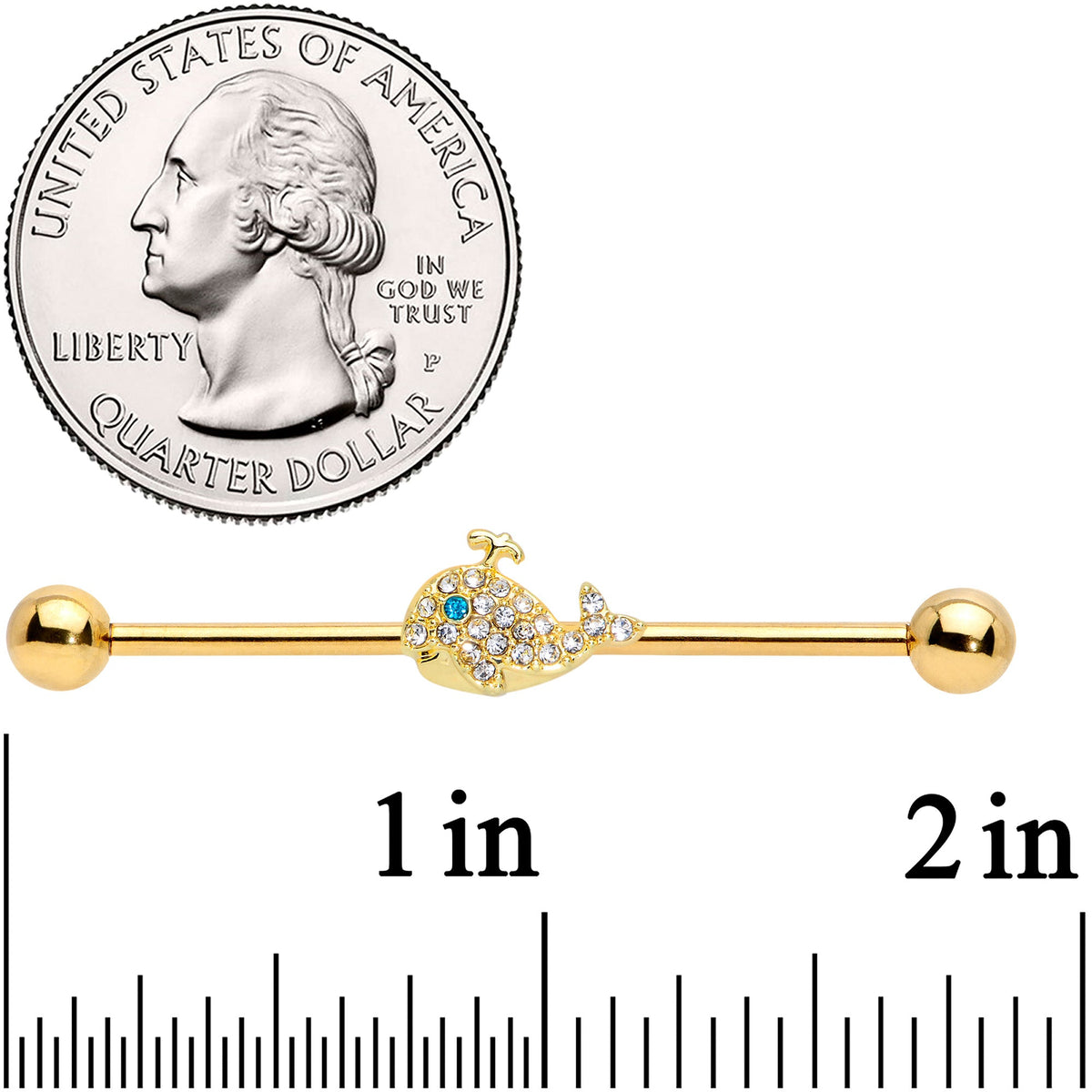 14G Clear Aqua Gem Gold Tone Whale Industrial Barbell 38mm