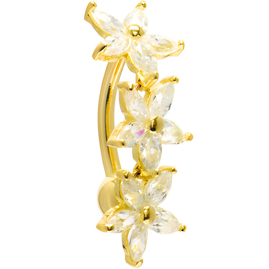 16G Solid 14K Yellow Gold Top Mount Cubic Zirconia Lily Drop Belly Ring