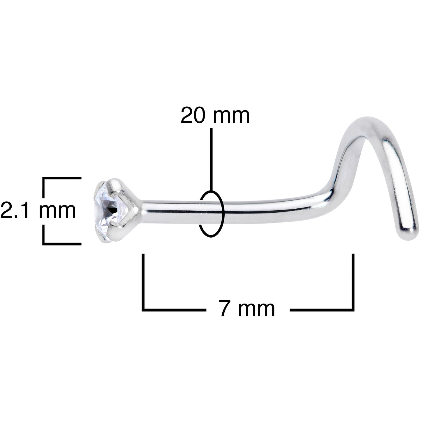20G 5/16 Clear 2mm CZ Gem Grade 23 Titanium Left Side Nose Screw