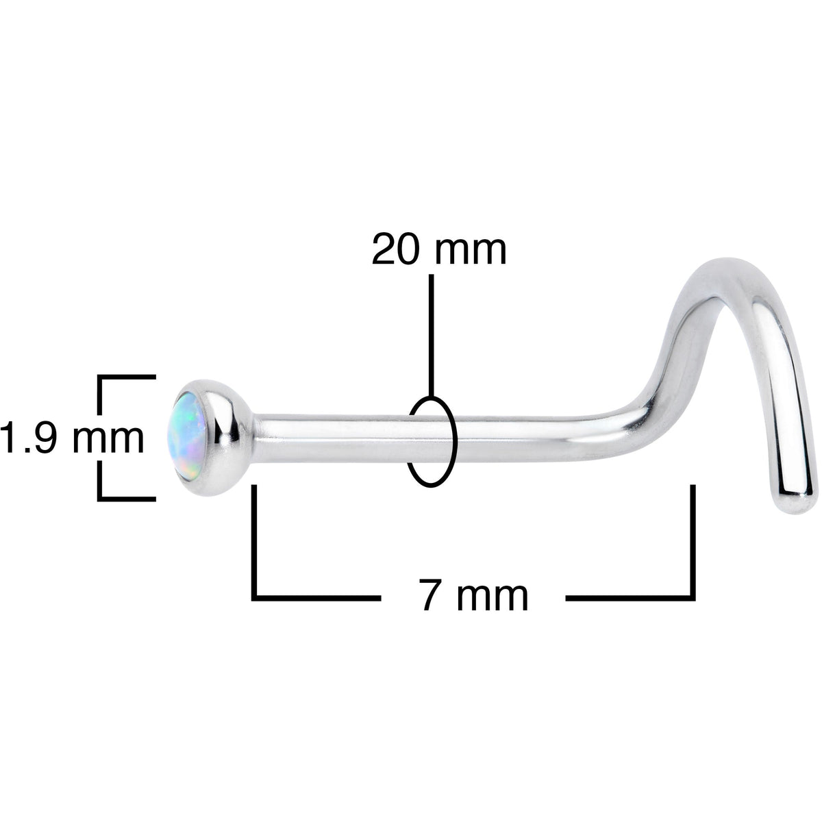 20G 7mm White 2mm Synthetic Opal Titanium Left Nose Ring Screw