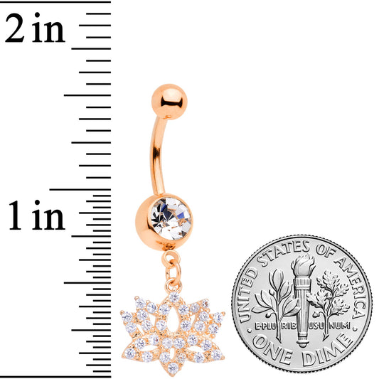 Clear CZ Gem Rose Gold Tone Lotus Flower Dangle Belly Ring