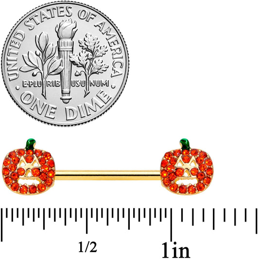 14G 5/8 Orange Gem Pumpkin Halloween Barbell Nipple Ring Set