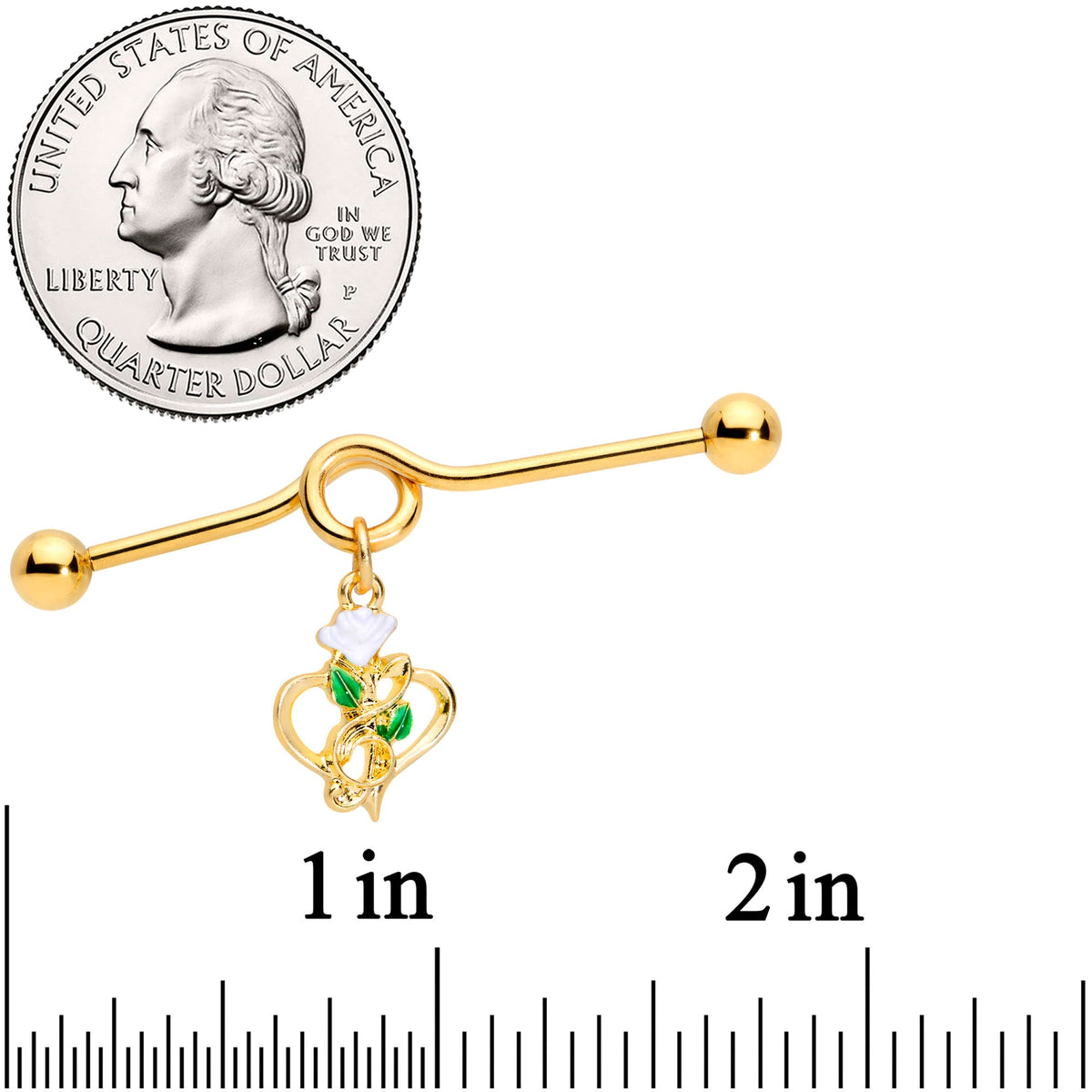 14G Gold Tone Heart Music Valentine Dangle Project Barbell 38mm