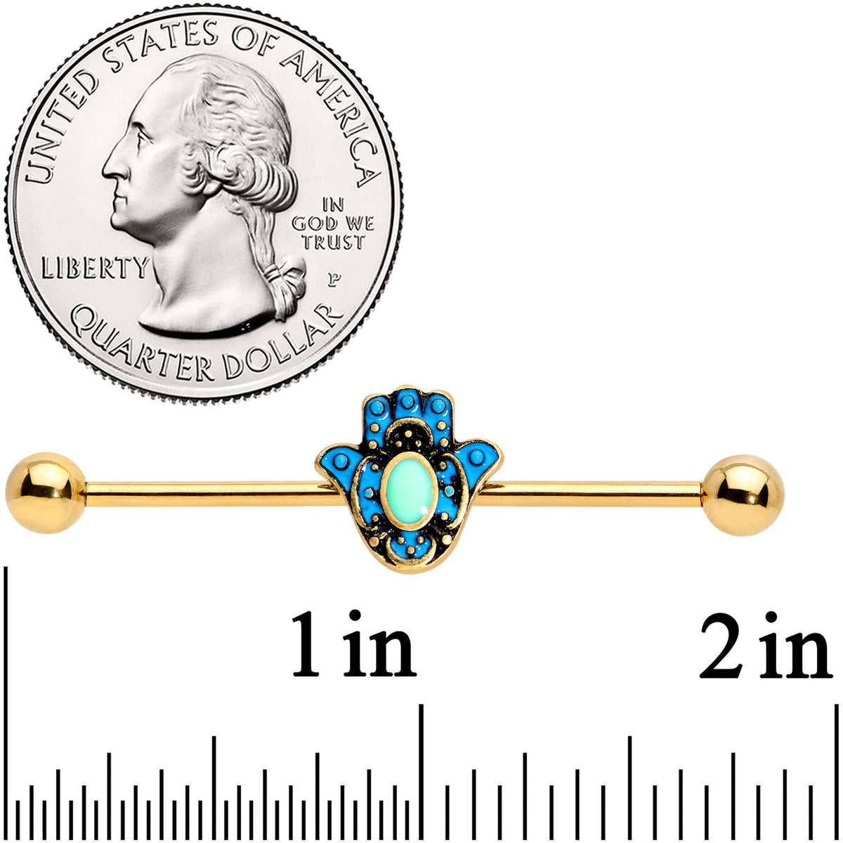 14G Gold Tone Aqua Ornate Hamsa Hand Industrial Barbell 38mm
