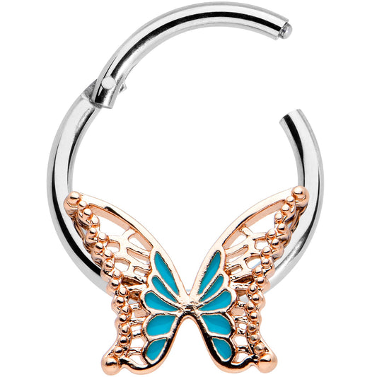16G 3/8 Bit of Blue Butterfly Hinged Segment Ring