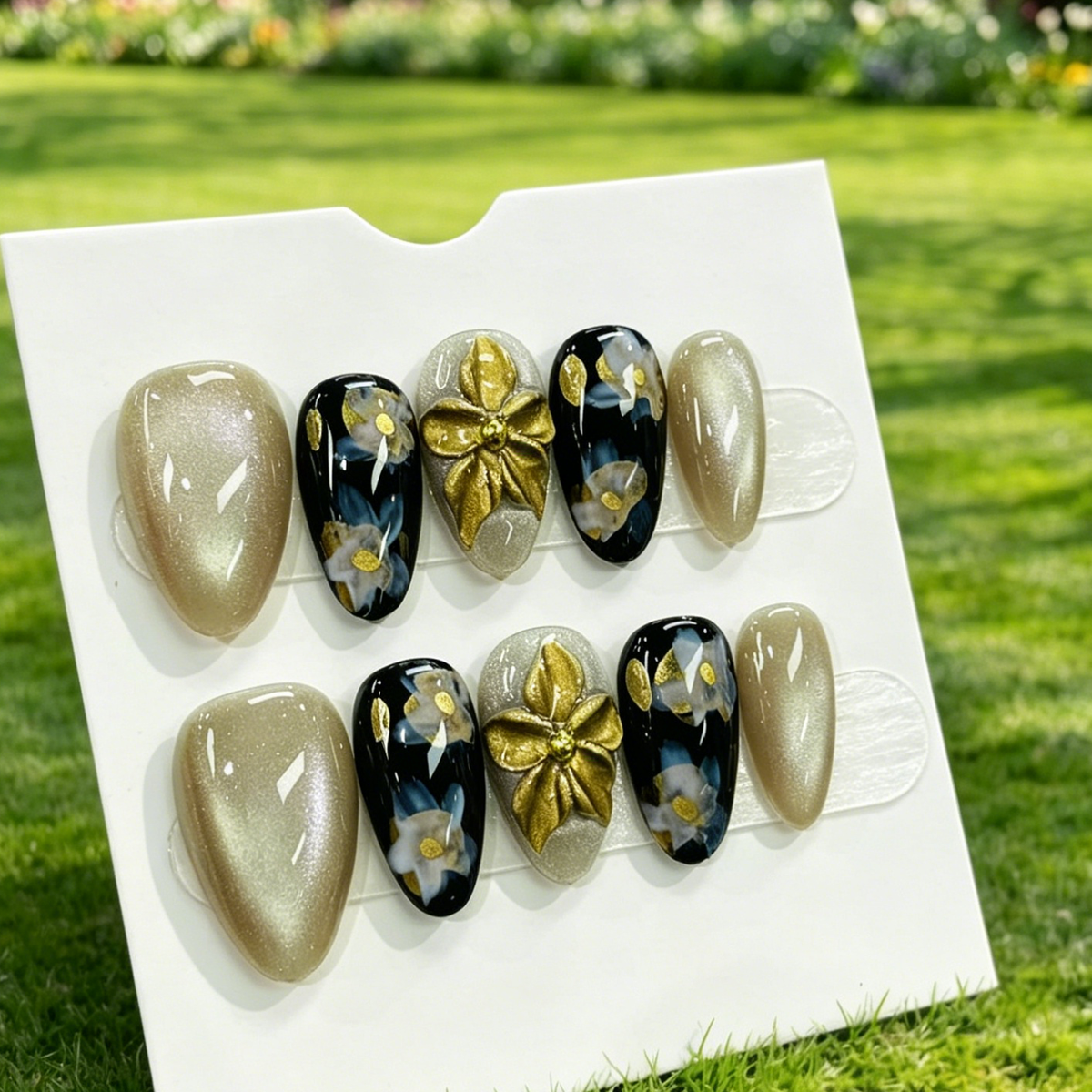 Luxury 3D Gold Flower Press On Fake Nails