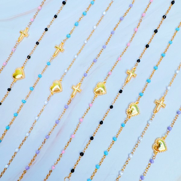Dainty Color Dots Chain Cross Bracelet