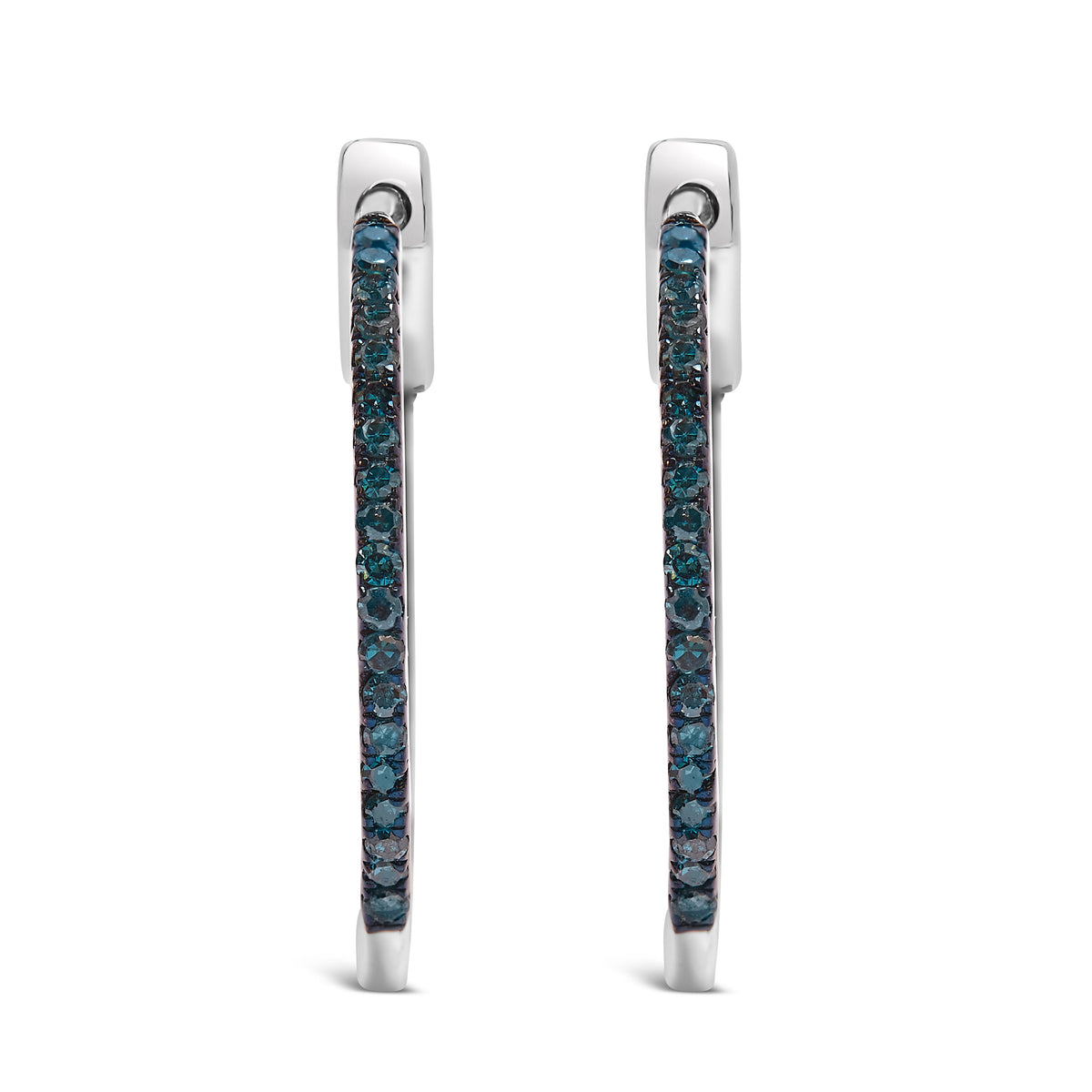.925 Sterling Silver 1/3 Cttw Inside Out Blue Treated Diamond 1MM Wide Hoop Earrings (Blue Color, I2-I3 Clarity)