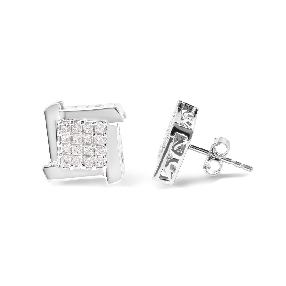 10K White Gold 1/2 Cttw Composite Princess Diamond Square and Swirl Stud Earrings (I-J Color, I1-I2 Clarity)