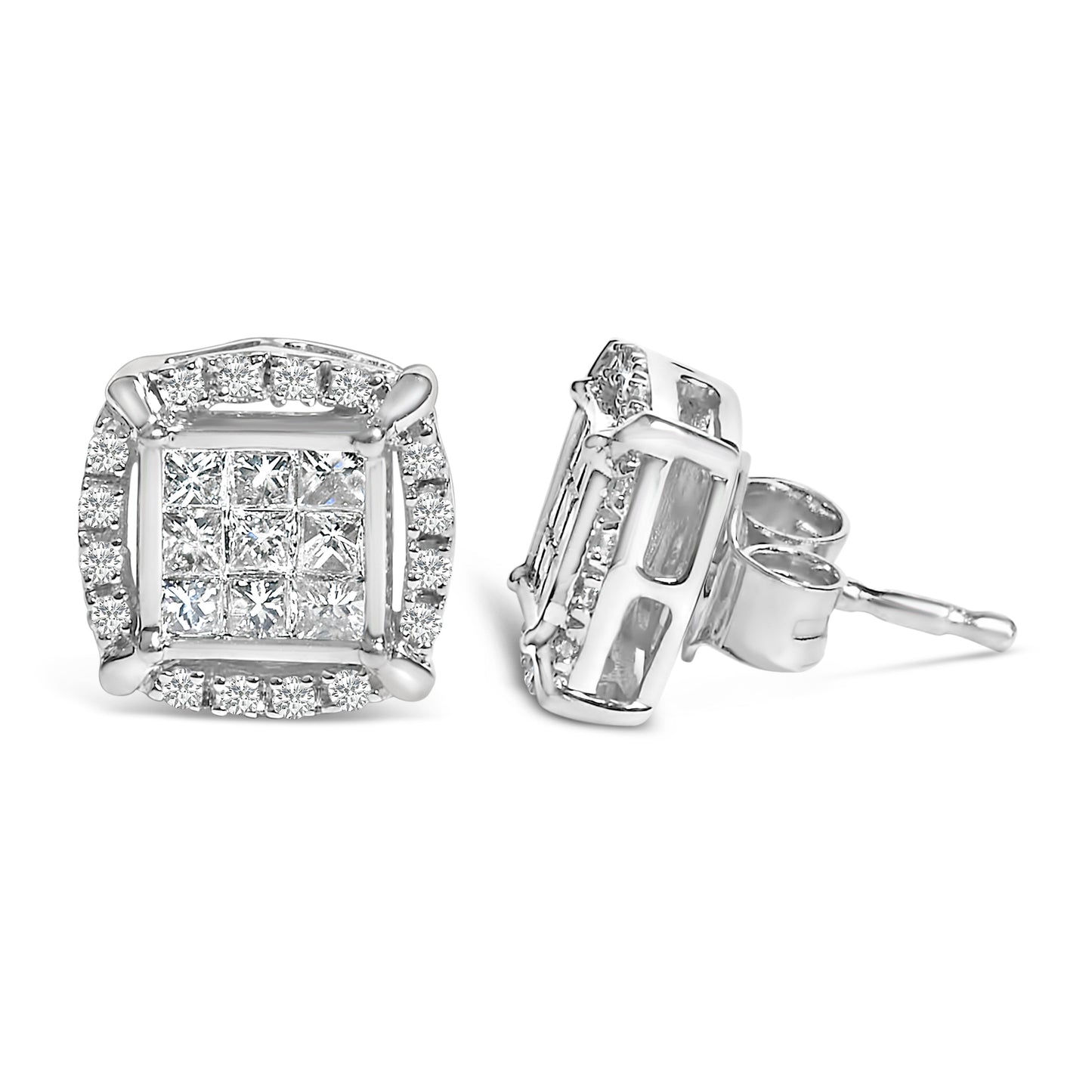 Sterling Silver 1/2 Cttw Princess Cut Diamond Composite and Halo Stud Earrings