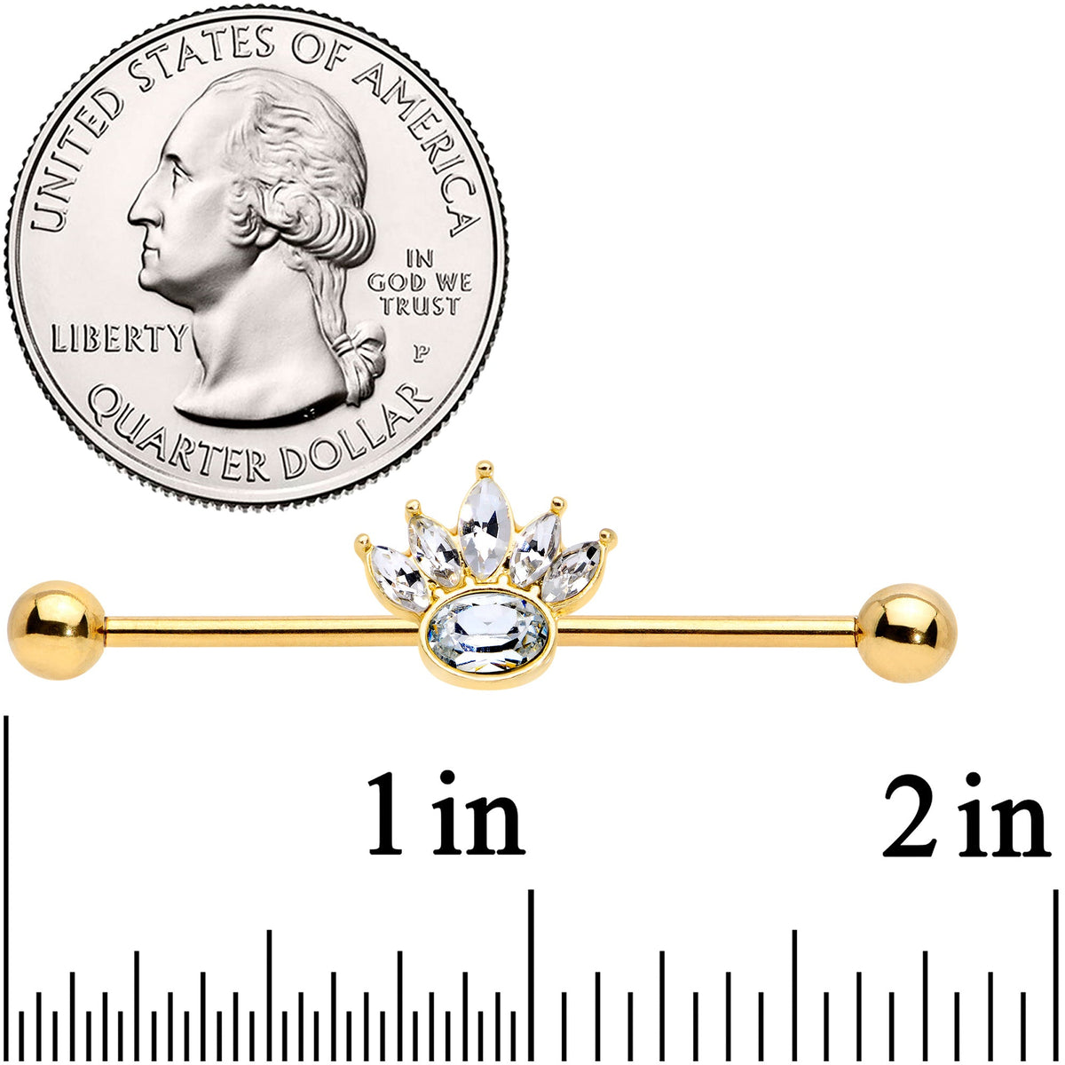14G Clear Gem Gold Tone Anodized Crown Industrial Barbell 38mm