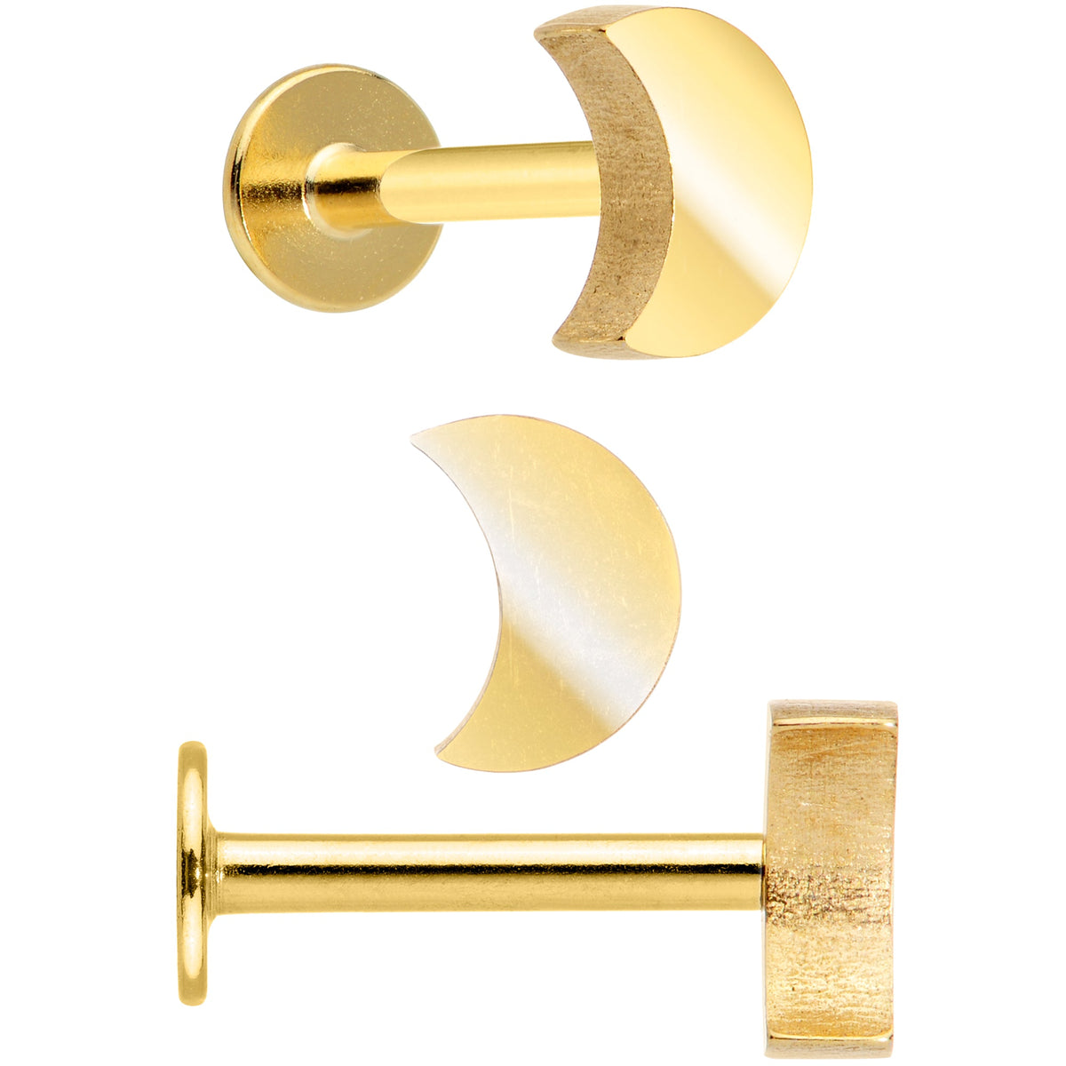 16G 5/16 Gold Tone Clear Gem Owl Moon Labret Tragus Set of 3