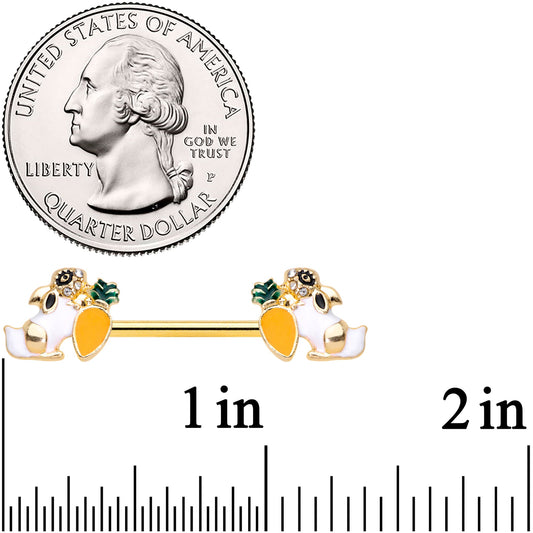 14G 9/16 Clear Gem Gold Tone Carrot Bunny Barbell Nipple Ring Set