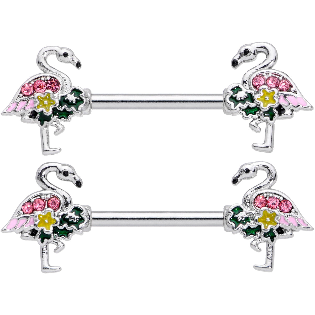 14G 9/16 Pink Gem Funky Flamingo Barbell Nipple Ring Set