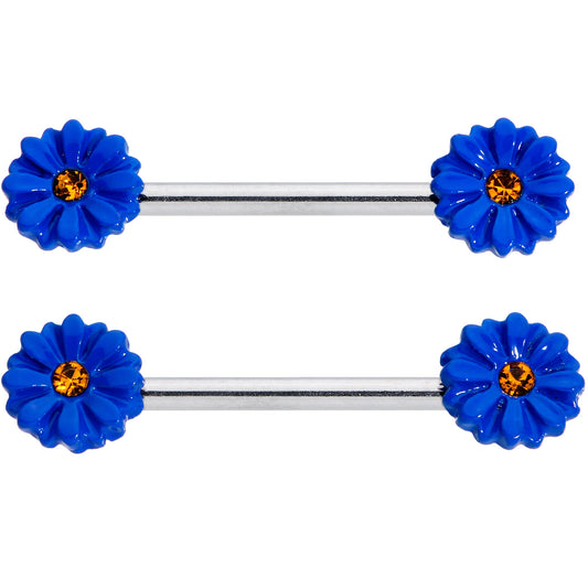 14G 9/16 Yellow Gem Blue Sunflower Barbell Nipple Ring Set
