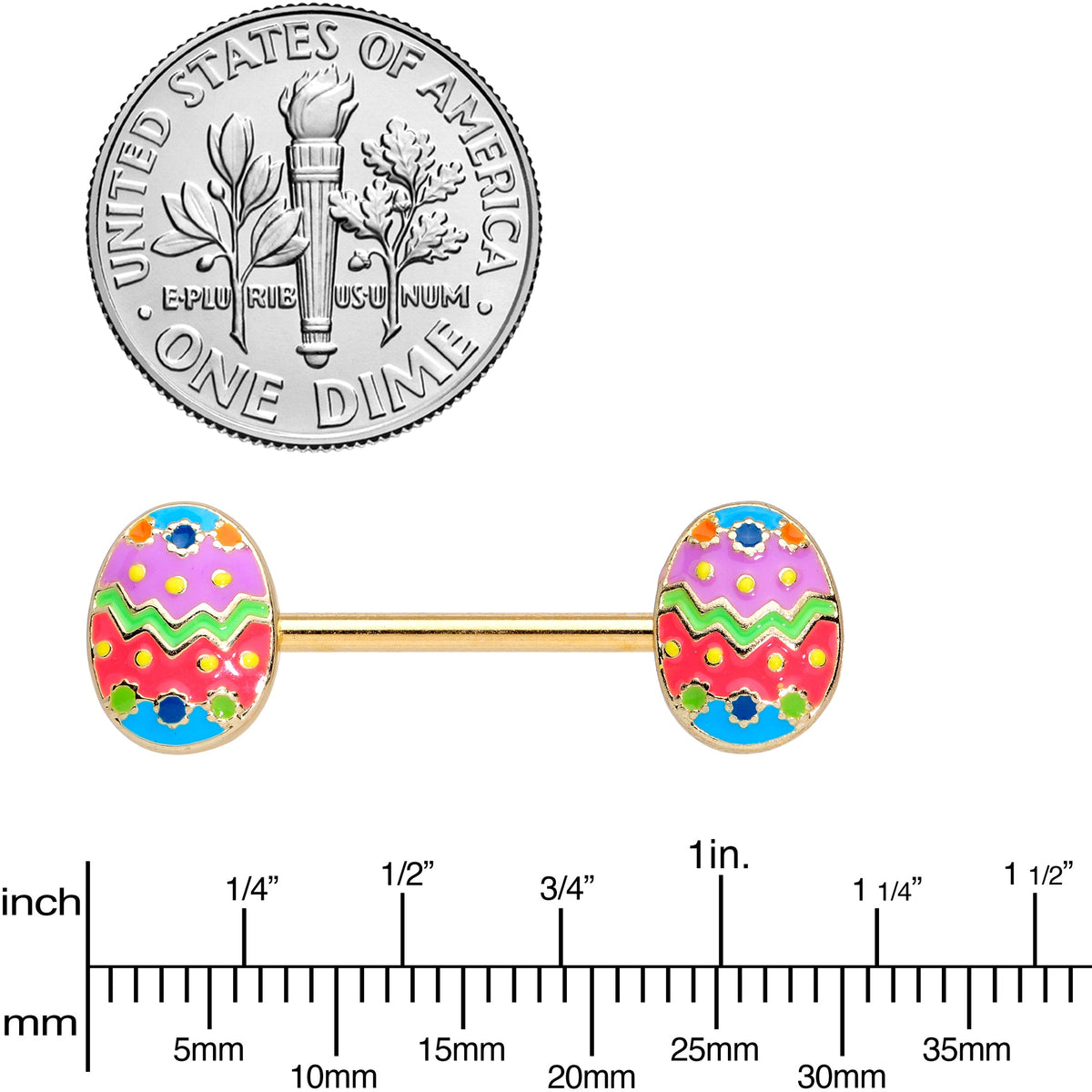 14G 9/16 Gold Tone Painted Easter Egg Barbell Nipple Ring Set