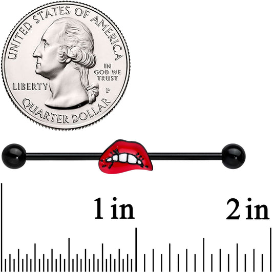 14G Black Red Sneering Bite Lips Industrial Barbell 38mm