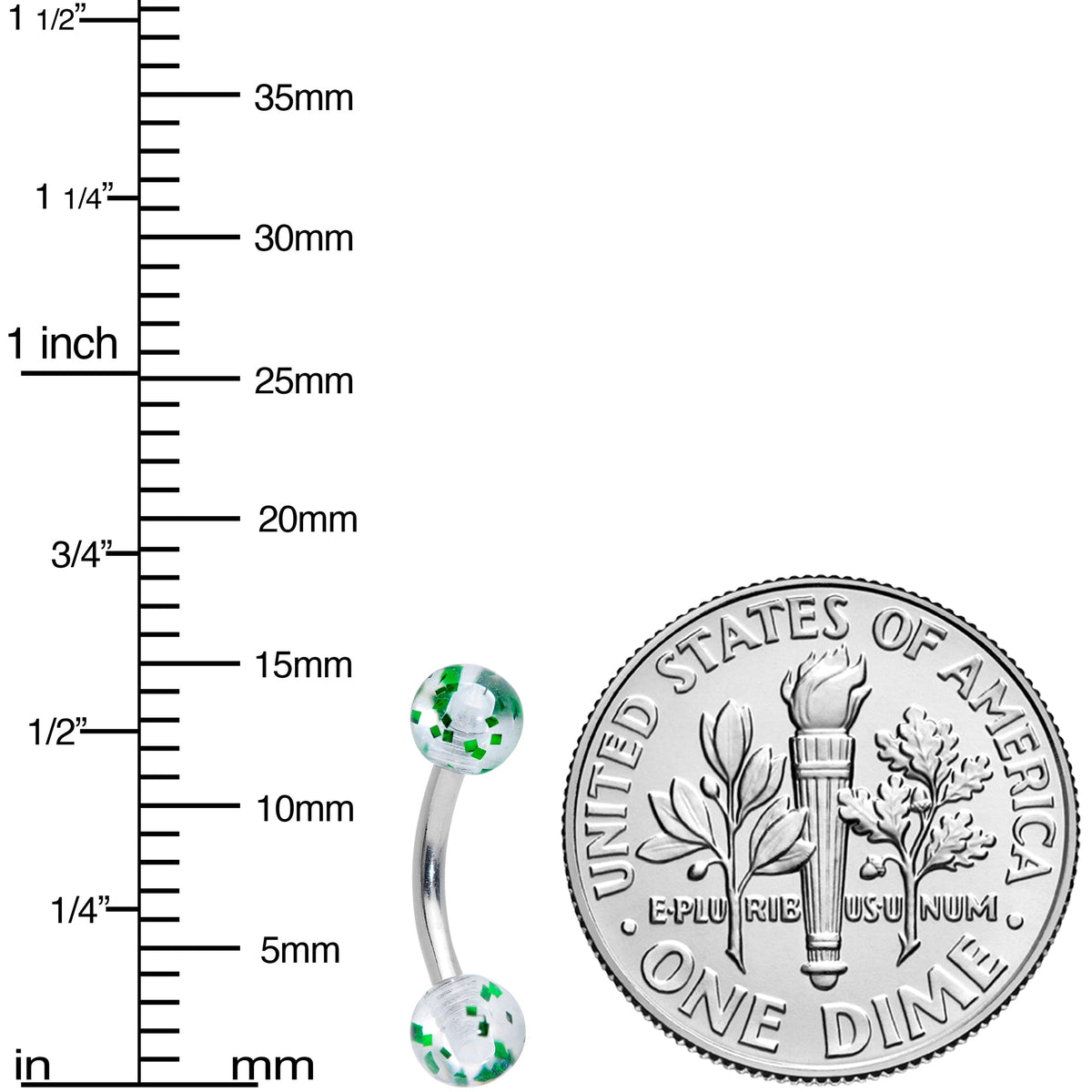 16G 5/16 Clear Green Glitter Ends Curved Barbell