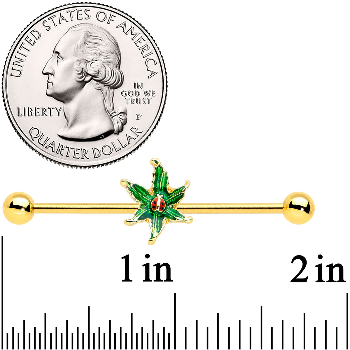 14G Gold Tone Tiny Ladybug Leaves Industrial Barbell 38mm