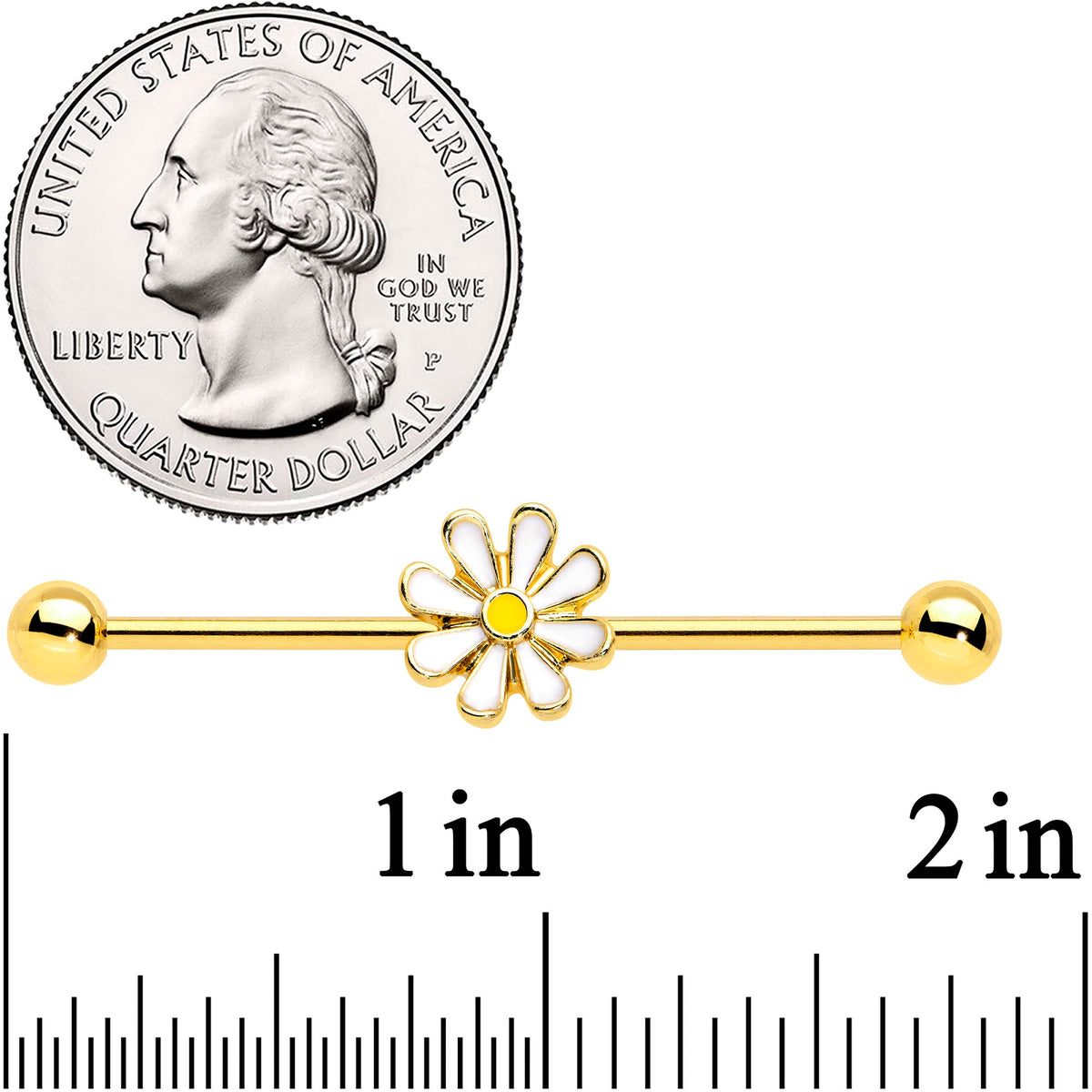 14G Gold Tone Whimsical Daisy Flower Industrial Barbell 38mm
