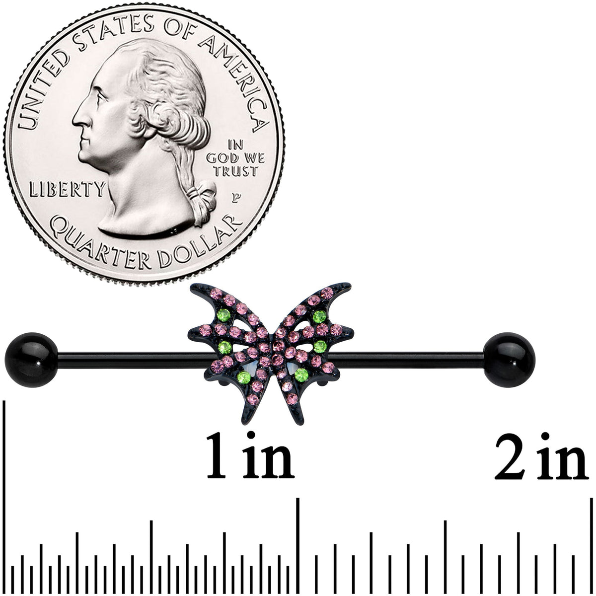 14G Pink Green Gem Black Bat Wing Industrial Barbell 38mm
